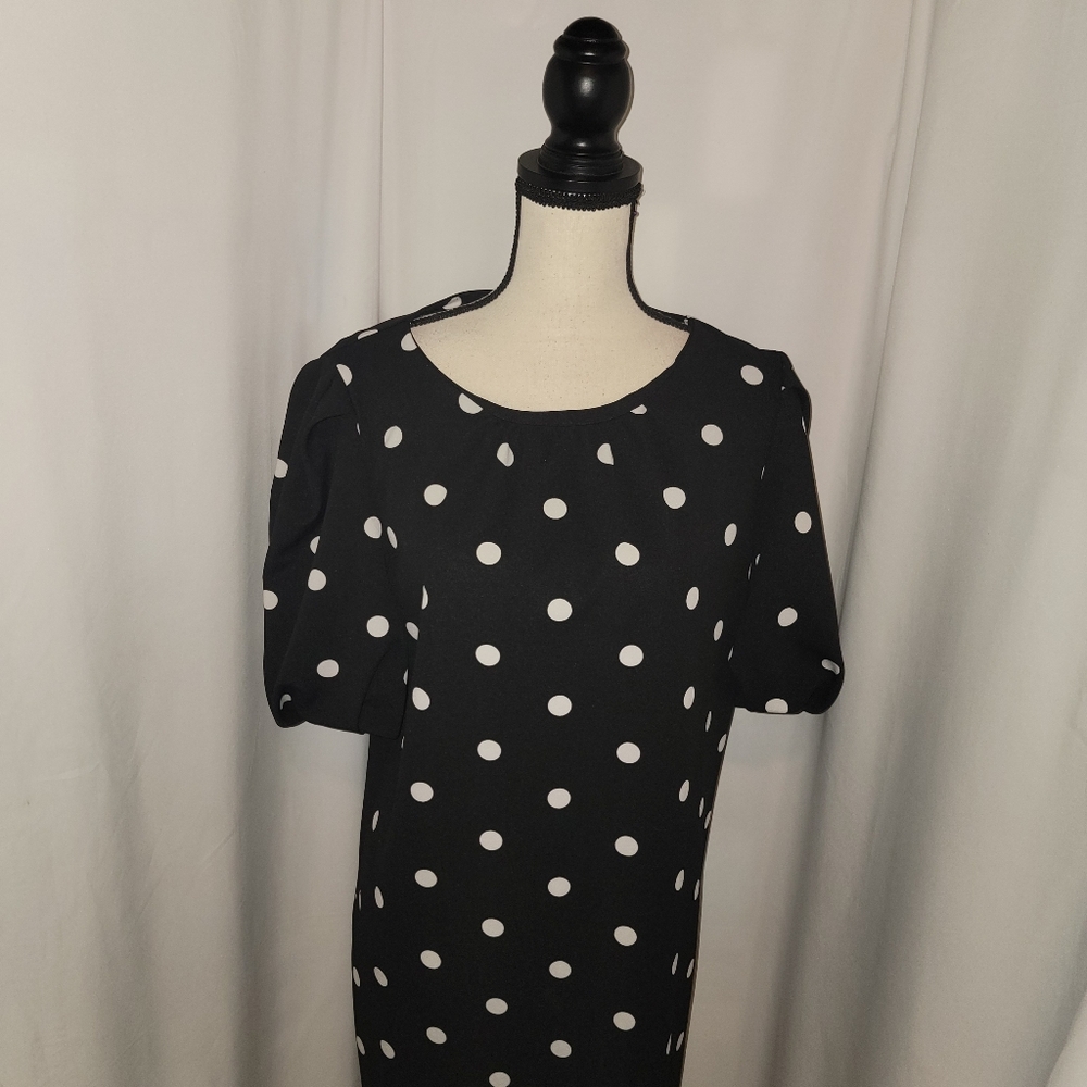 New York And Company Women’s Dress Polka Dot Sheath Puffy Sleeve Stretch - Picture 5 of 6